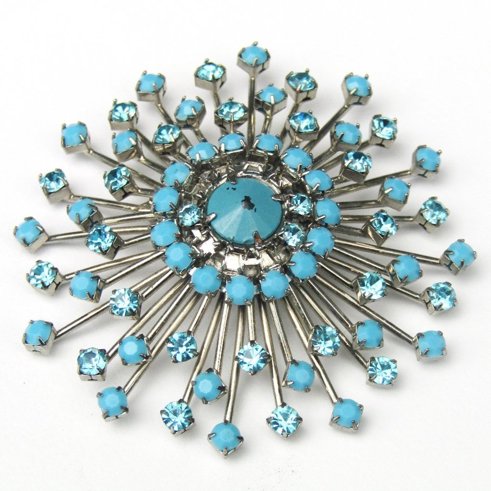 Vintage Rhinestone Brooch Blue Turquoise Starburst Retro Mid-Century Atomic
